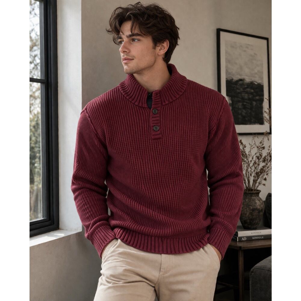 Carbon 2 Cobalt XL Burgundy chunky Ribbed Knit Henley Pullover Sweater Cotton